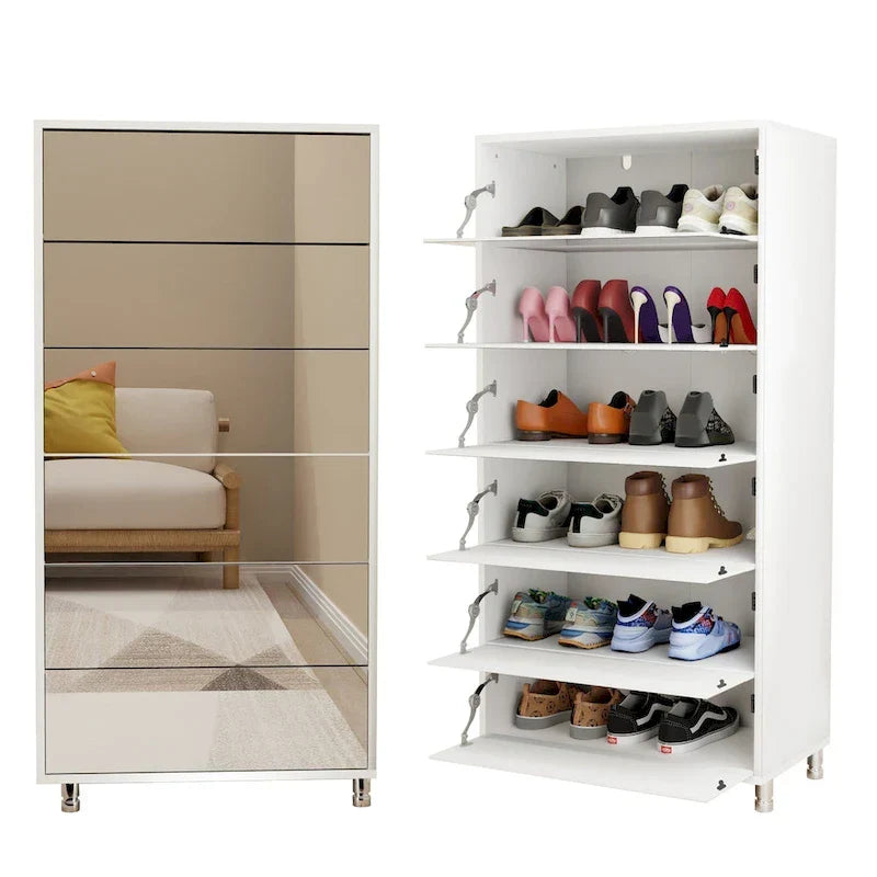 Zapatero con espejo y 6 cajones abatibles, organizador de zapatos con amplio espacio, 4 patas metálicas, puerta abatible de tacto manual