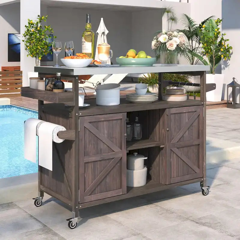 Isla de cocina exterior, carrito de bar con ruedas y armario de almacenamiento, mesa de parrilla de madera maciza con parte superior de acero inoxidable, especiero, toallero