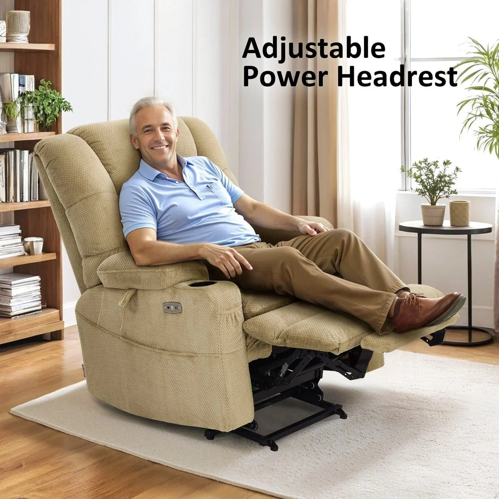 MCombo Sillón reclinable elevador eléctrico con motor dual ancho grande, masaje y doble calefacción para personas mayores altas y corpulentas, tela R7635