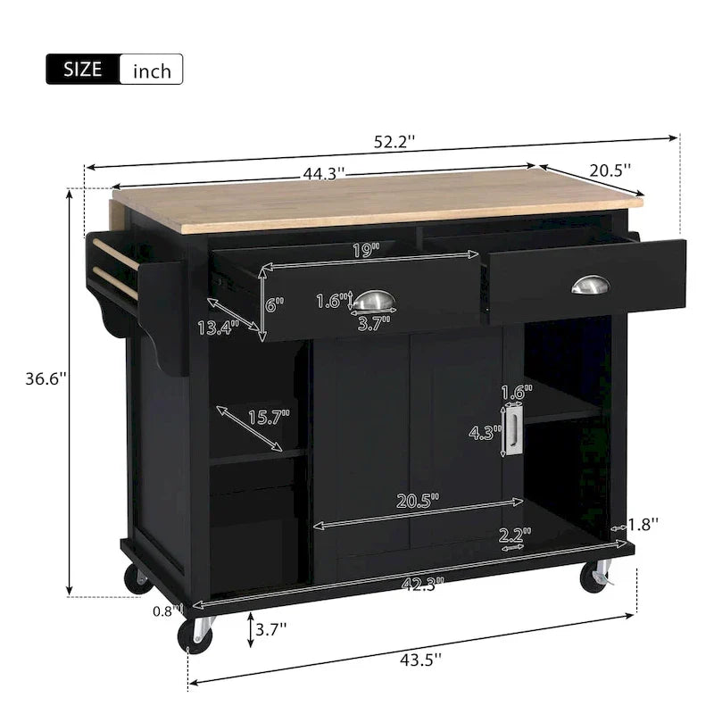 Carro de cocina con encimera de madera de caucho abatible, puerta corredera oculta de granero de altura ajustable, isla de cocina con 4 ruedas