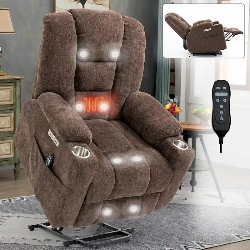 Sillón reclinable Power Lift con masaje y calor, reclinables anchos Lazy Boy extragrandes con USB, puertos tipo C y 2 portavasos de acero