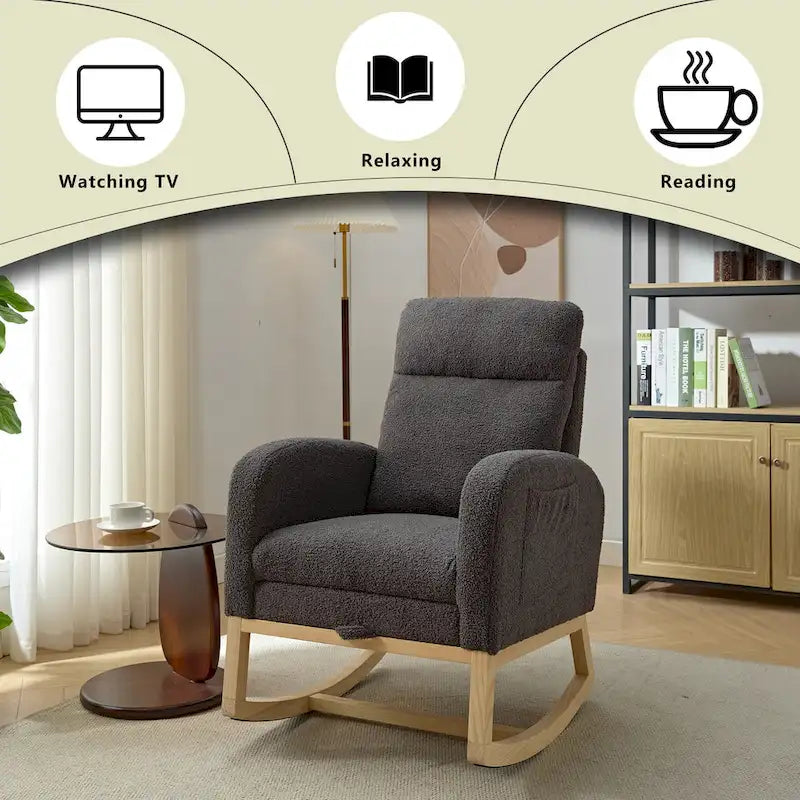 Moderna mecedora tapizada de respaldo alto de 29.5" con patas de madera maciza y reposapiés ajustable