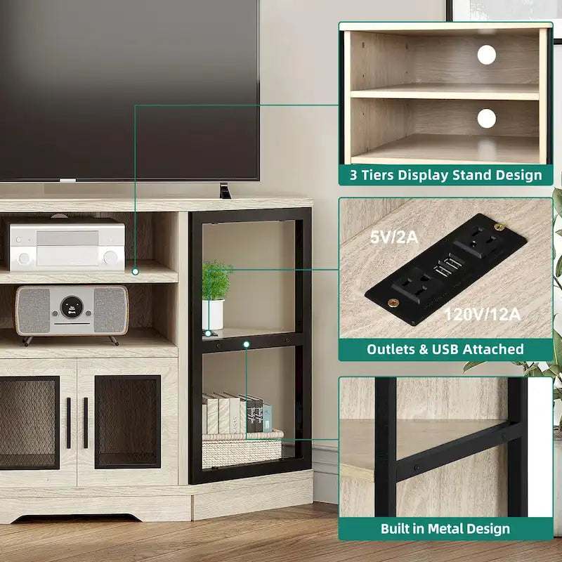 Mueble esquinero para TV estilo rústico, centro de entretenimiento y consola multimedia para televisores de hasta 55 pulgadas con toma de corriente