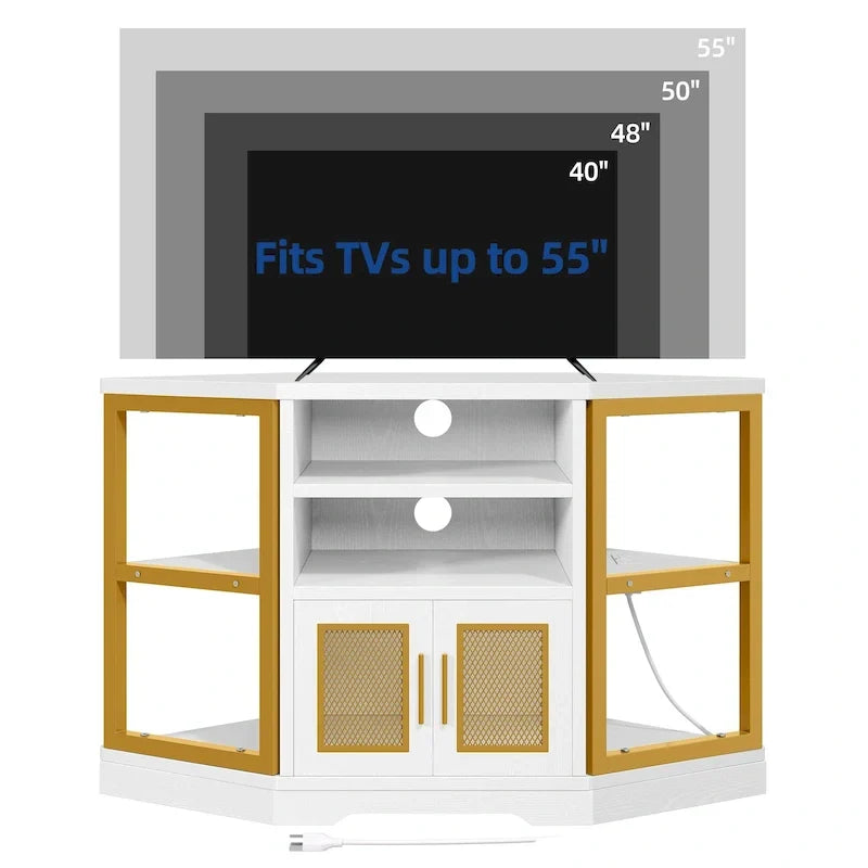 Mueble esquinero para TV estilo rústico, centro de entretenimiento y consola multimedia para televisores de hasta 55 pulgadas con toma de corriente