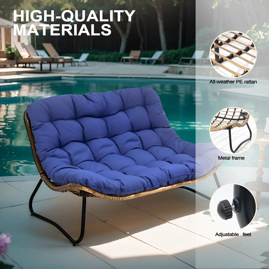 Sofá biplaza doble Papasan con cojín, ratán PE para todo tipo de clima y estructura metálica para interior/exterior