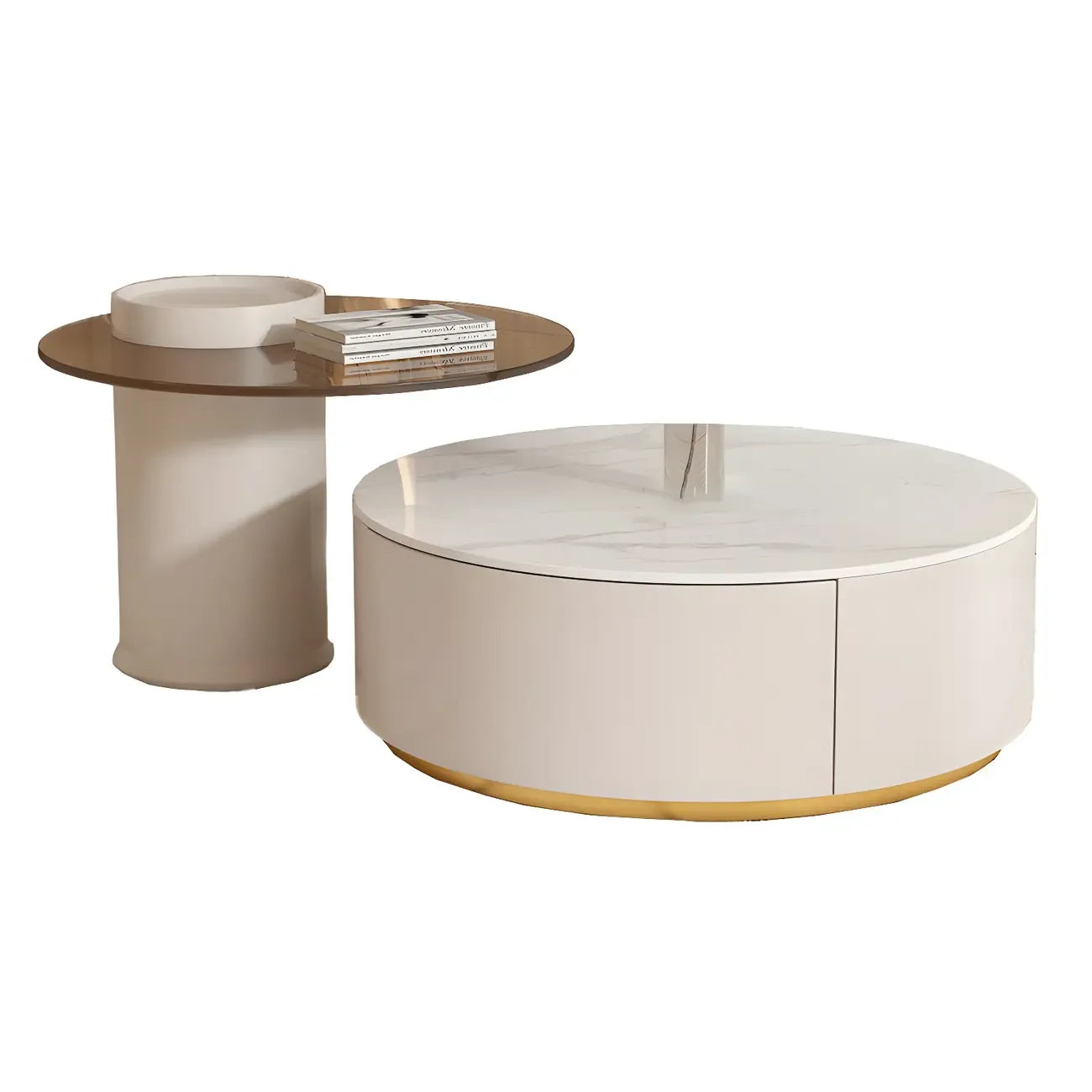 Mesa de centro redonda moderna blanca de madera con cajones tipo tambor