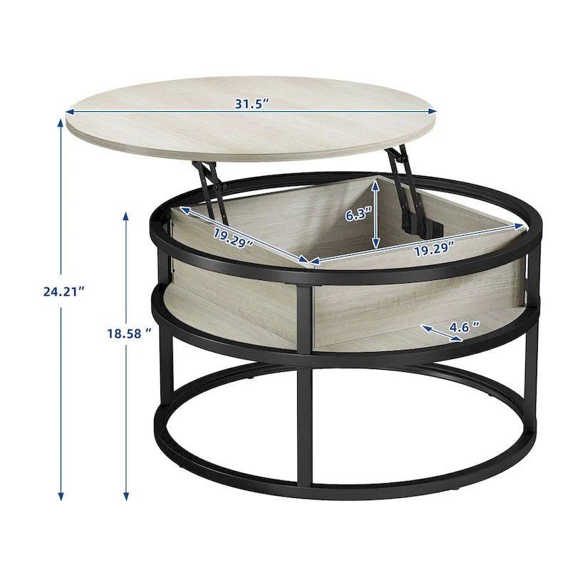 Mesa de centro redonda elevable Moasis Farmhouse con almacenamiento oculto y estante