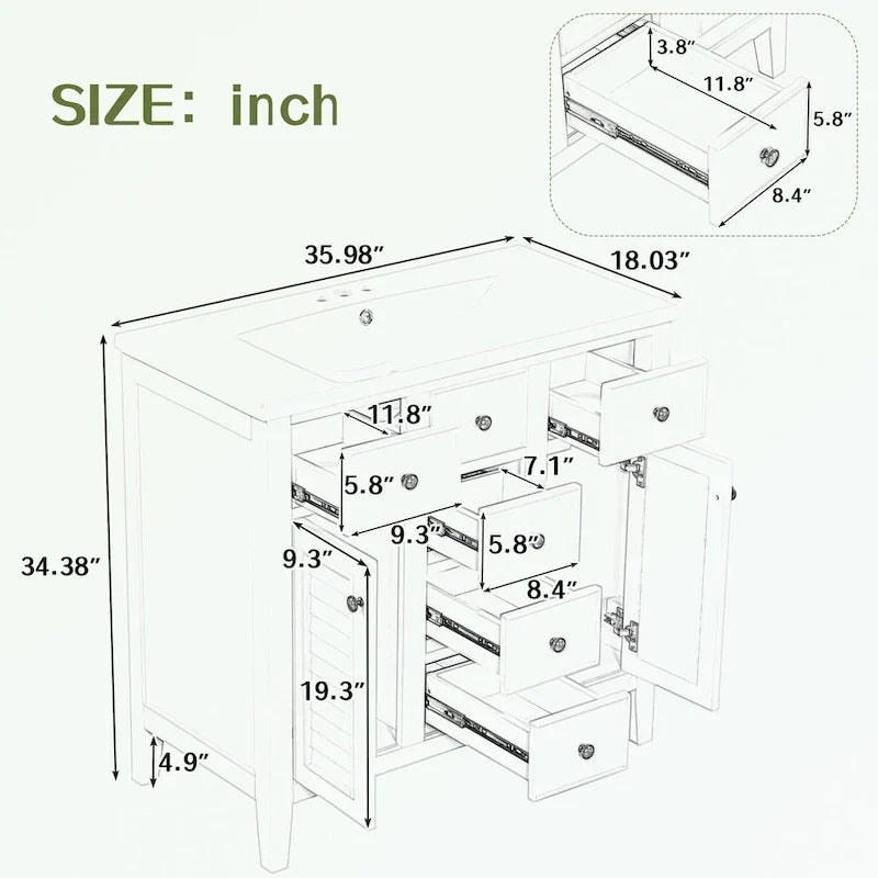 Mueble de baño con lavabo cerámico, dos armarios y cinco cajones