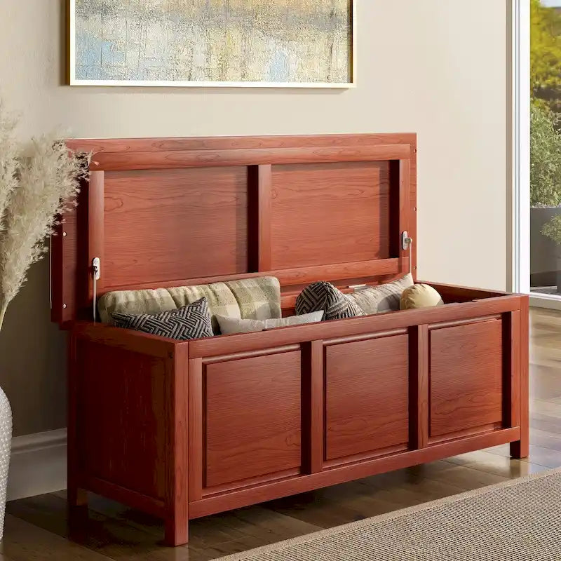 Banco de almacenamiento con tapa abierta de madera maciza John Louis Home