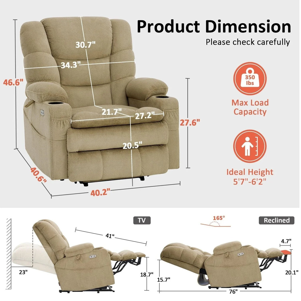 MCombo Sillón reclinable elevador eléctrico con motor dual ancho grande, masaje y doble calefacción para personas mayores altas y corpulentas, tela R7635