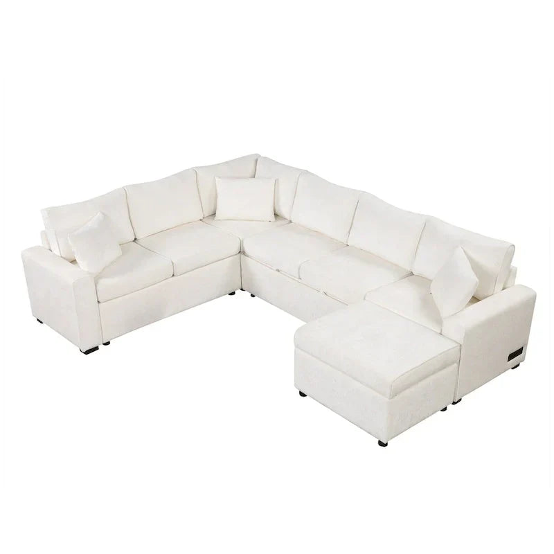 Sofá seccional de chenilla con sofá cama extraíble, sofá cama en forma de L con otomana de almacenamiento, 3 almohadas y dispositivos de carga