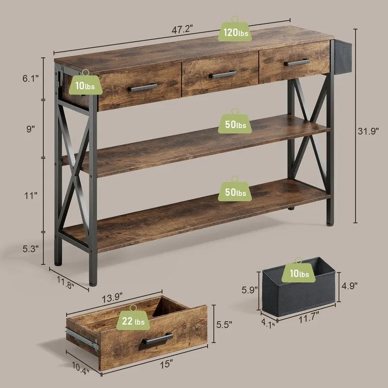 Mesa Consola con 3 Cajones, Mesa Sofá de Entrada con Estantes de Almacenamiento de 3 Niveles