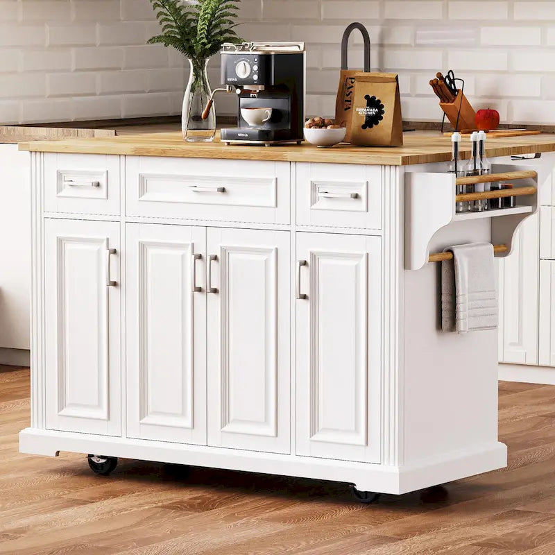 Isla de cocina grande con hoja abatible de madera, carrito de cocina con textura en relieve, puertas y cajones con almacenamiento para cocina, blanco