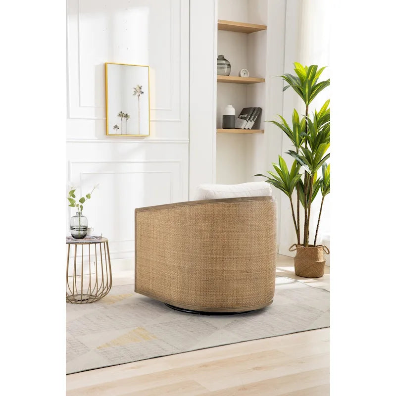 Sillón Giratorio de Barril, Cómodo Sillón Redondo Decorativo, Sillón Club Giratorio de Barril de 360 Grados, Sillón de Ocio con Estructura Tejida de Ratán