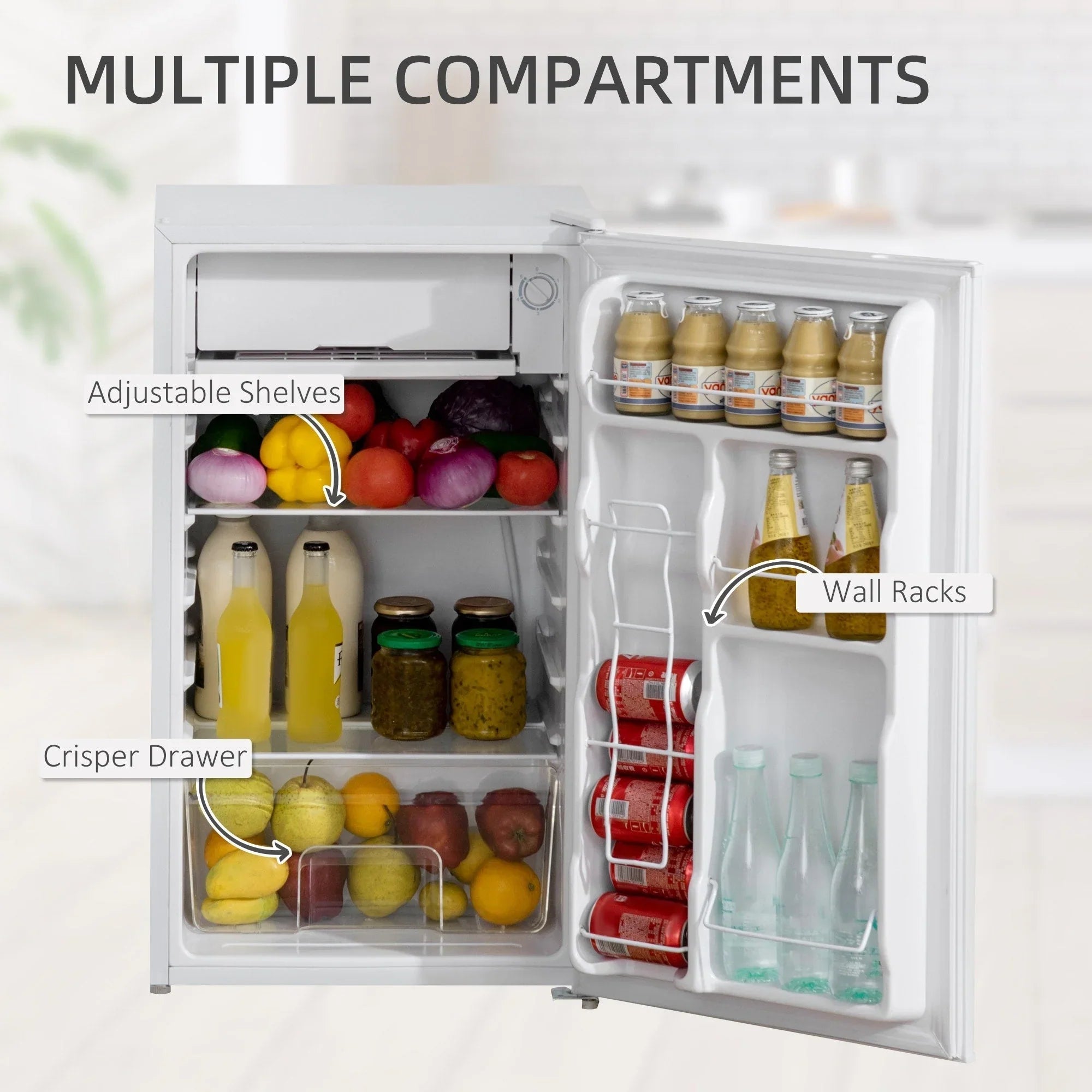 Mini Frigo da 3,2 Cu.Ft con Congelatore, Frigorifero Compatto a Porta Singola con Termostato Regolabile per Camera da Letto