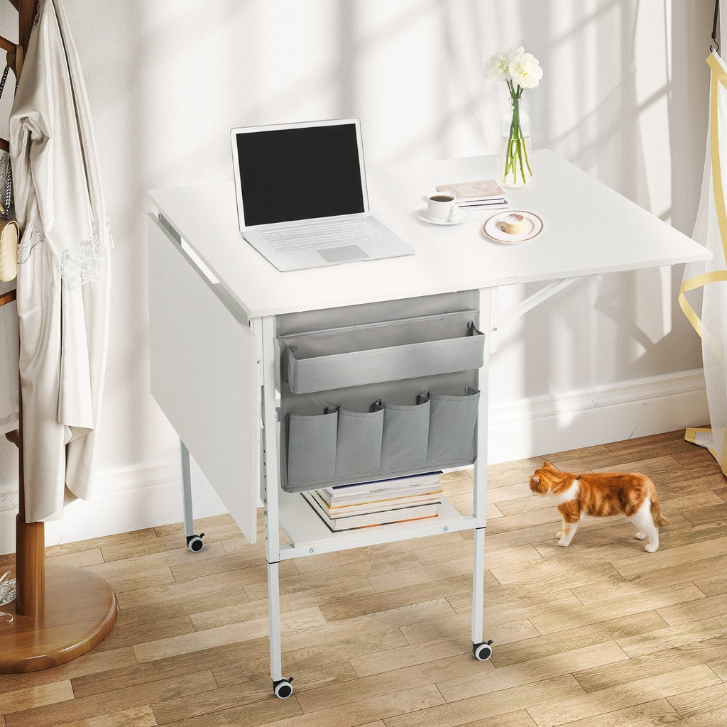 Mesa de manualidades ajustable en altura con estantes de almacenamiento, mesa de corte plegable móvil para oficina en casa, sala de costura, sala de manualidades