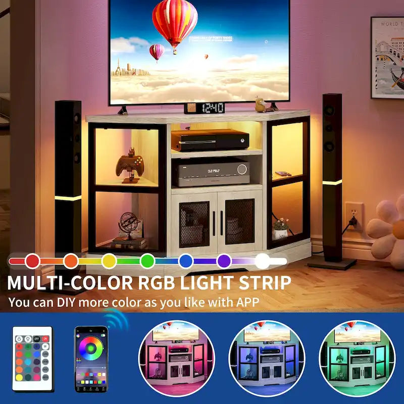 Mueble esquinero para TV estilo rústico, centro de entretenimiento y consola multimedia para televisores de hasta 55 pulgadas con toma de corriente