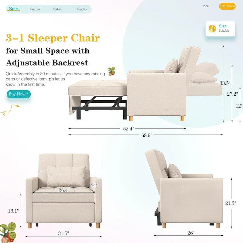 Sofá cama individual 3 en 1 AECOJOY con almohada y respaldo convertible