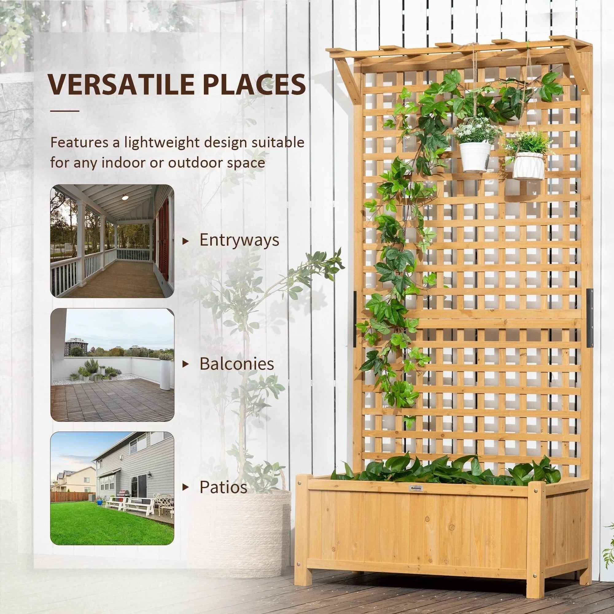Macetero de madera con celosía, cama de jardín elevada para plantas trepadoras con orificios de drenaje y techo