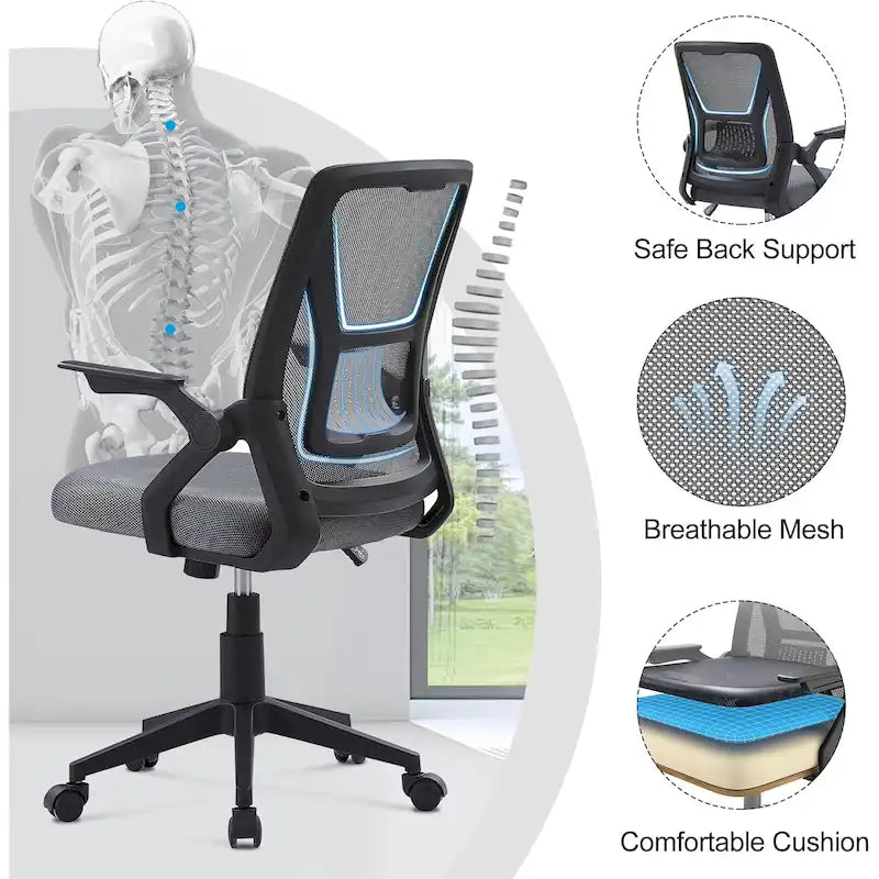 Silla de oficina Javlergo con respaldo medio giratorio y soporte lumbar, silla ergonómica de malla para ordenador con reposabrazos