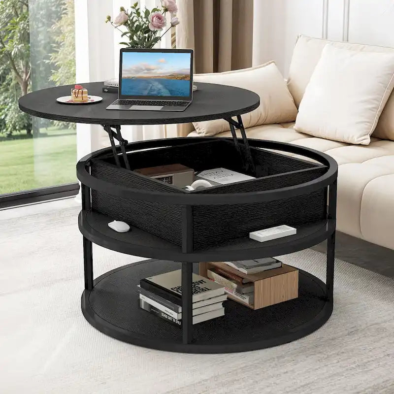 Mesa de centro redonda elevable Moasis Farmhouse con almacenamiento oculto y estante