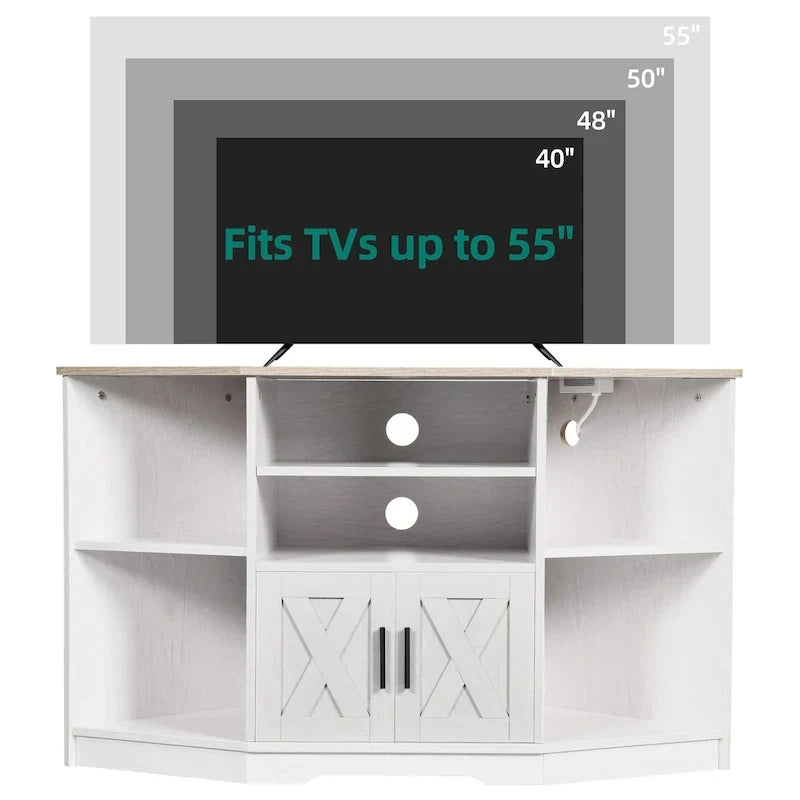 Mueble esquinero para TV estilo rústico, centro de entretenimiento y consola multimedia para televisores de hasta 55 pulgadas con toma de corriente