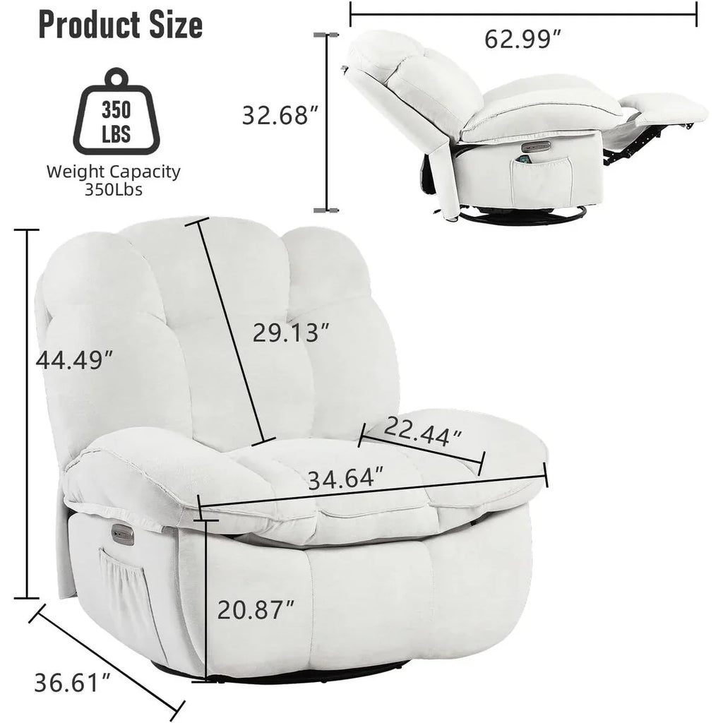 XINMICS Sillón Reclinable Eléctrico Giratorio, Sillones Reclinables Mecedora con Masaje y Calefacción, USB, USB-C y Bolsillo Lateral