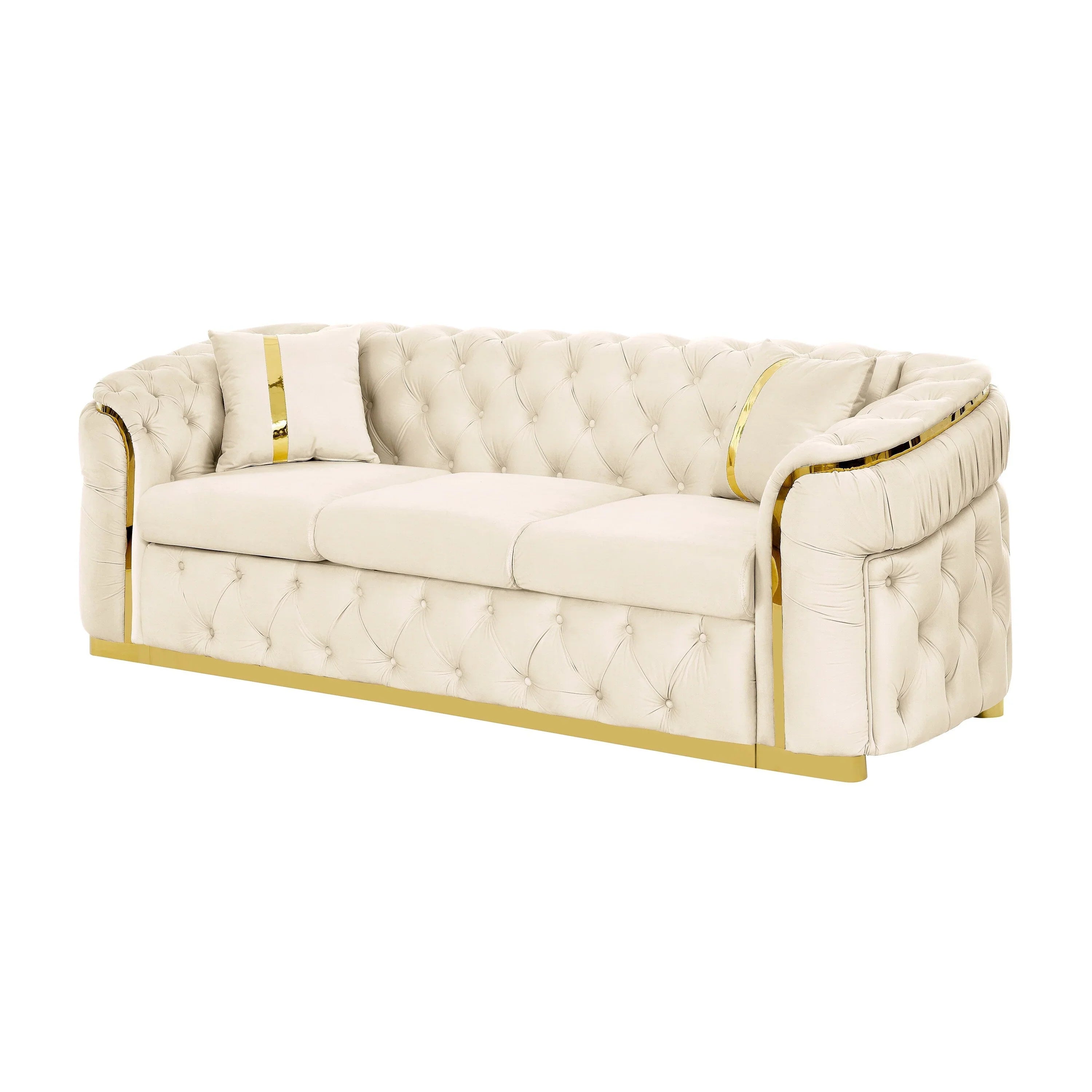 Sofá de 3 plazas Velvet de 90.6 con 2 cojines, cojines de alta densidad, detalles dorados y almohadas