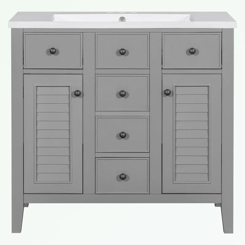 Mueble de baño con lavabo cerámico, dos armarios y cinco cajones