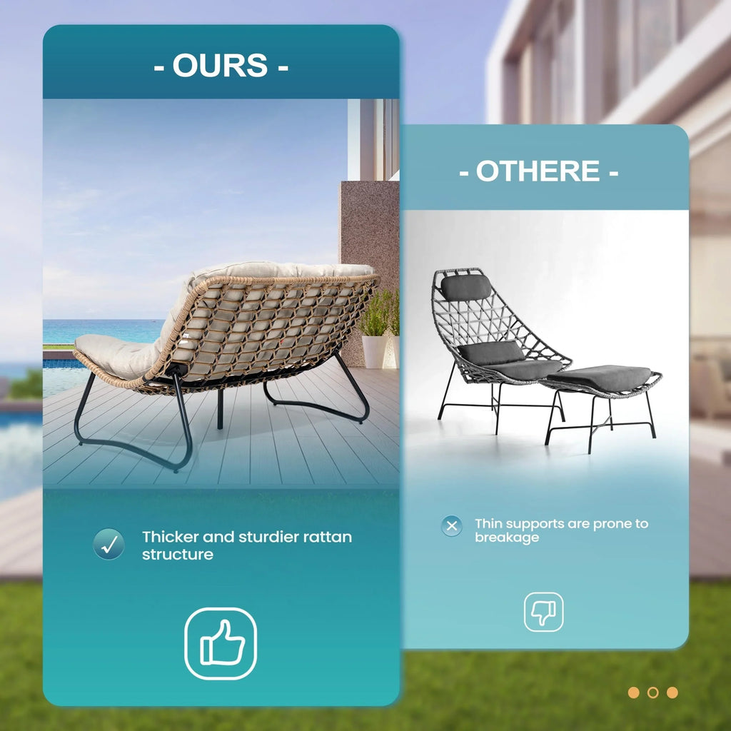 Sofá biplaza doble Papasan con cojín, ratán PE para todo tipo de clima y estructura metálica para interior/exterior
