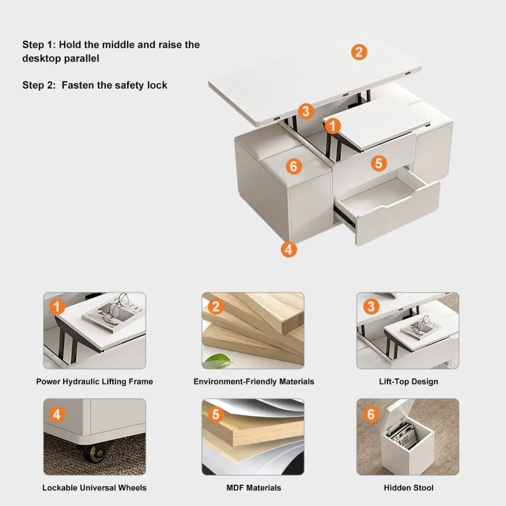 Mesa de centro elevable y plegable con 4 taburetes y almacenamiento