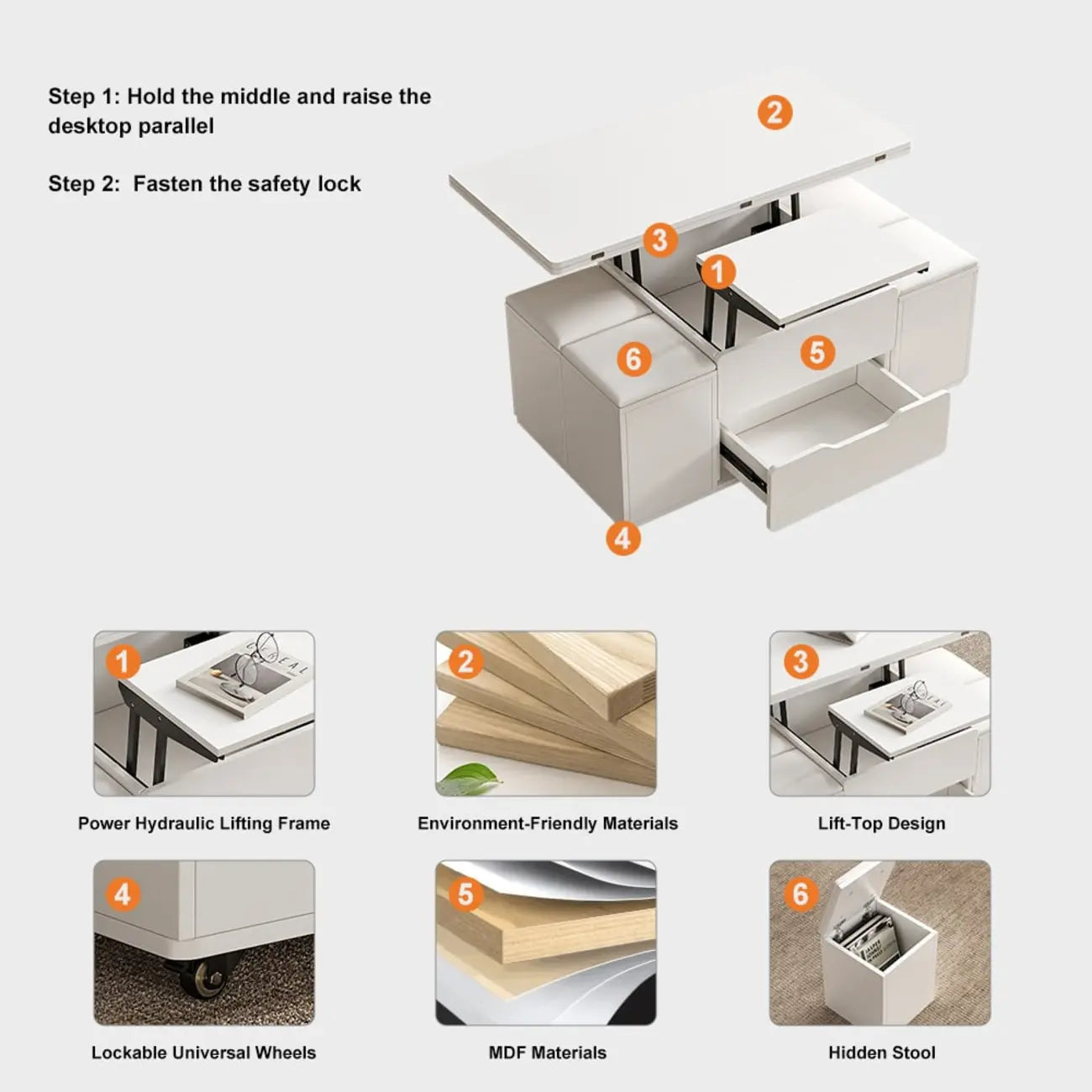 Mesa de centro elevable y plegable con 4 taburetes y almacenamiento