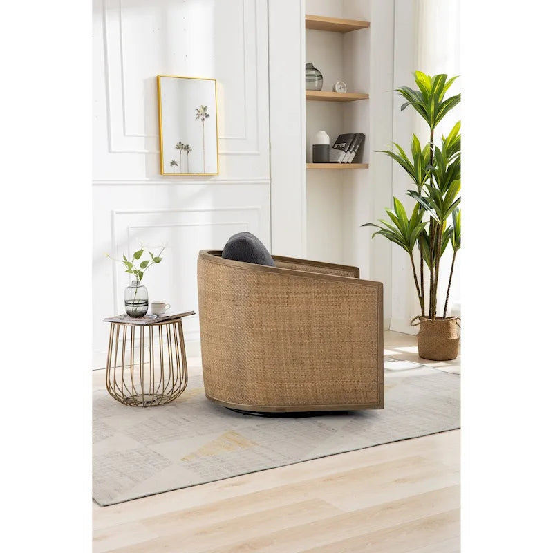 Sillón Giratorio de Barril, Cómodo Sillón Redondo Decorativo, Sillón Club Giratorio de Barril de 360 Grados, Sillón de Ocio con Estructura Tejida de Ratán