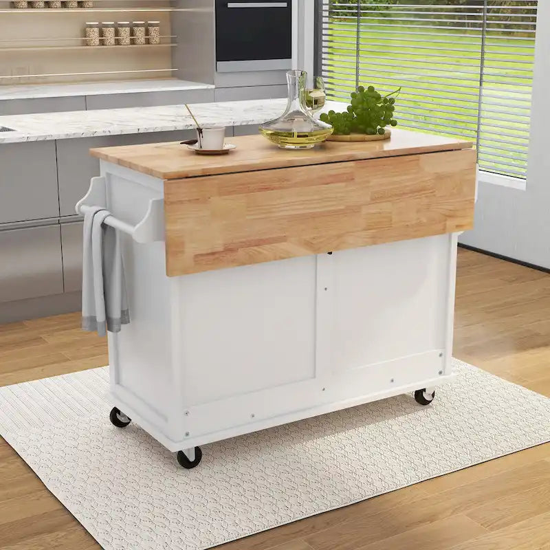 Carro de cocina con encimera de madera de caucho abatible, puerta corredera oculta de granero de altura ajustable, isla de cocina con 4 ruedas