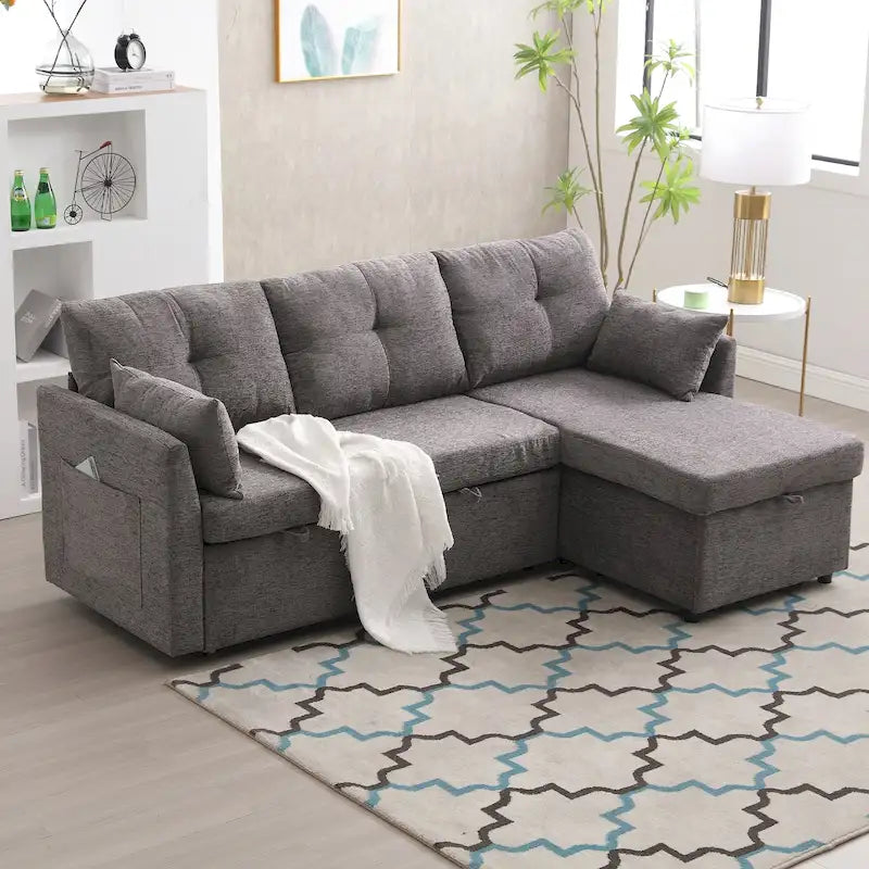 Sofá seccional de chenilla/pana tapizado en forma de L con almacenamiento y chaise reversible con bolsillo lateral