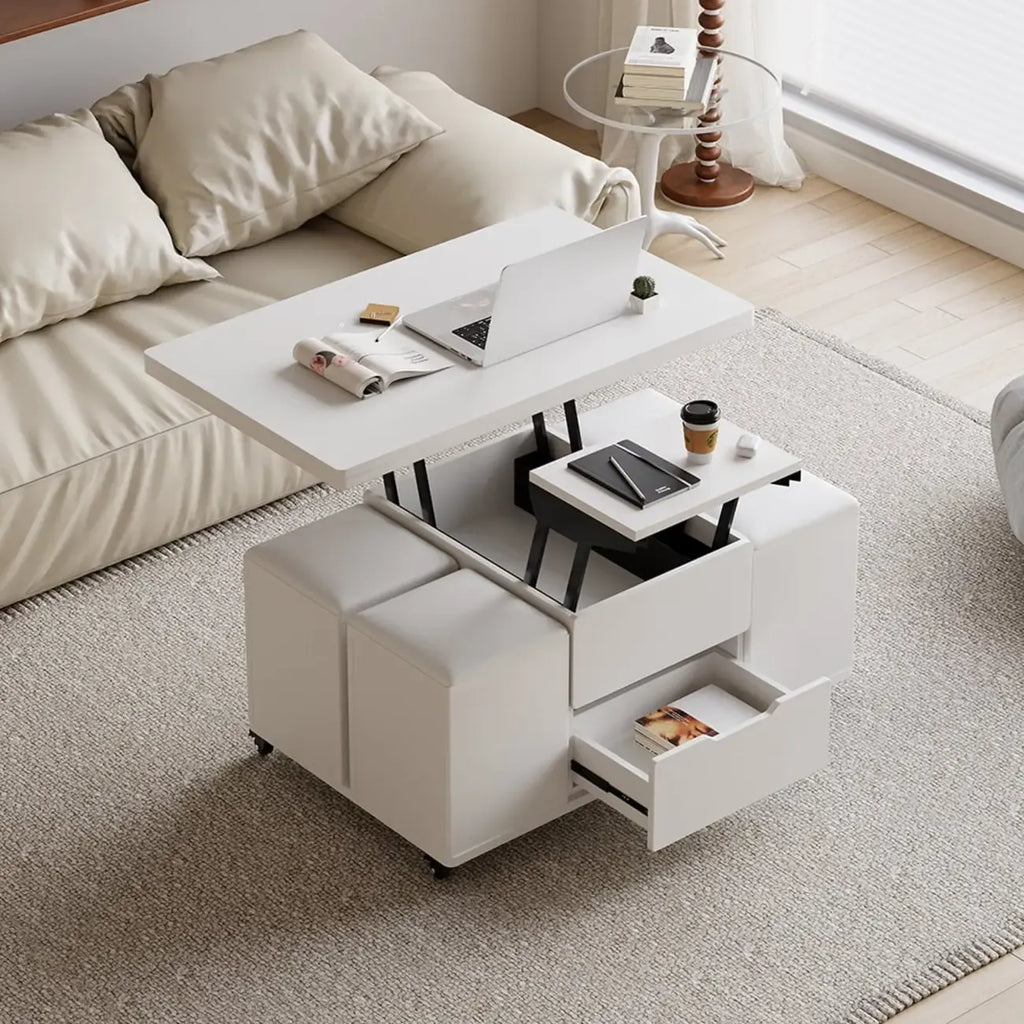 Mesa de centro elevable y plegable con 4 taburetes y almacenamiento