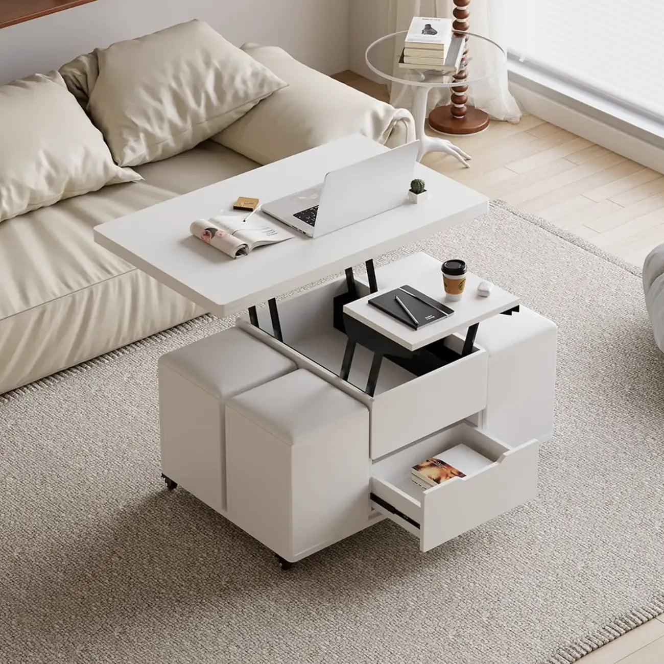 Mesa de centro elevable y plegable con 4 taburetes y almacenamiento