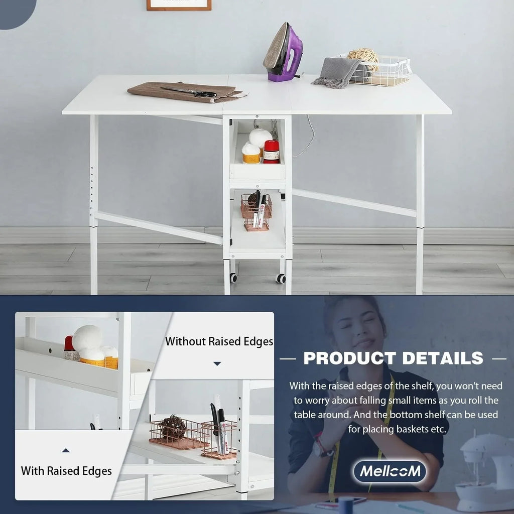 Mesa de manualidades ajustable en altura con estantes de almacenamiento, mesa de corte plegable móvil para oficina en casa, sala de costura, sala de manualidades