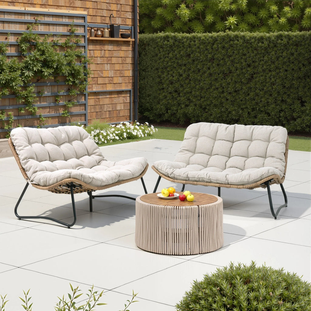 Sofá biplaza doble Papasan con cojín, ratán PE para todo tipo de clima y estructura metálica para interior/exterior