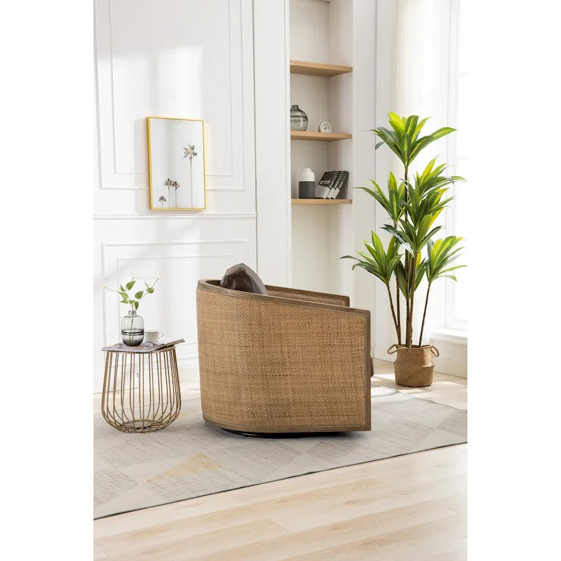 Sillón Giratorio de Barril, Cómodo Sillón Redondo Decorativo, Sillón Club Giratorio de Barril de 360 Grados, Sillón de Ocio con Estructura Tejida de Ratán