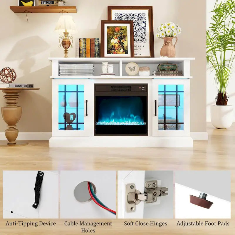 Mueble para TV con chimenea eléctrica, luces LED y mandos a distancia