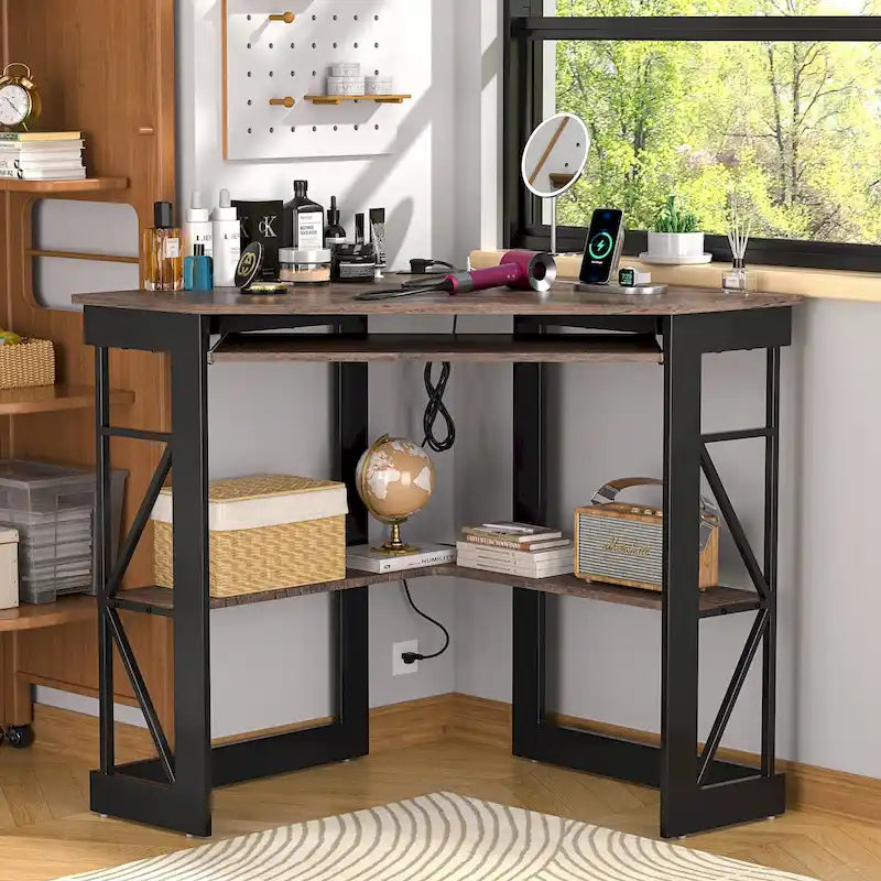 Escritorio de esquina, escritorio pequeño con enchufes, mesa de esquina para espacios pequeños, escritorio de computadora con puertos USB, escritorio triangular con almacenamiento