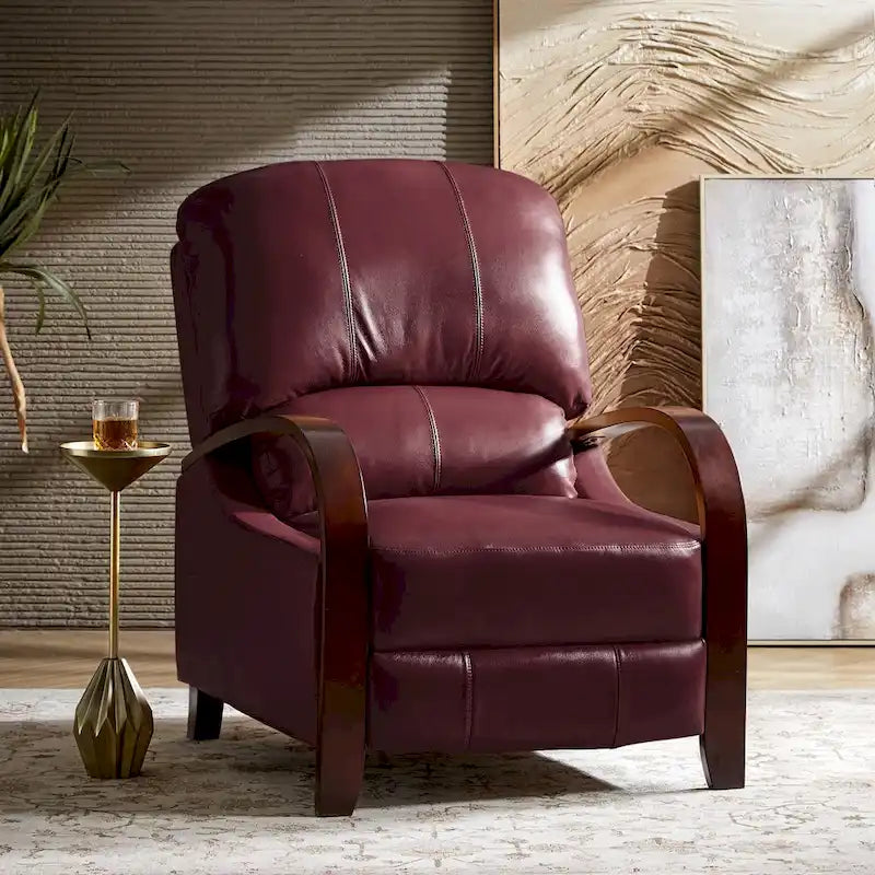 Sofá reclinable manual Alex Mid-century Modern Cigar de cuero genuino con brazos curvos de madera