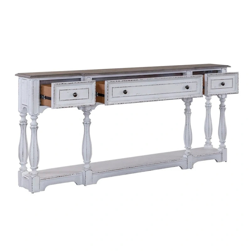 Mesa Consola para Recibidor de 72 Pulgadas en Blanco Antiguo y Madera Desgastada