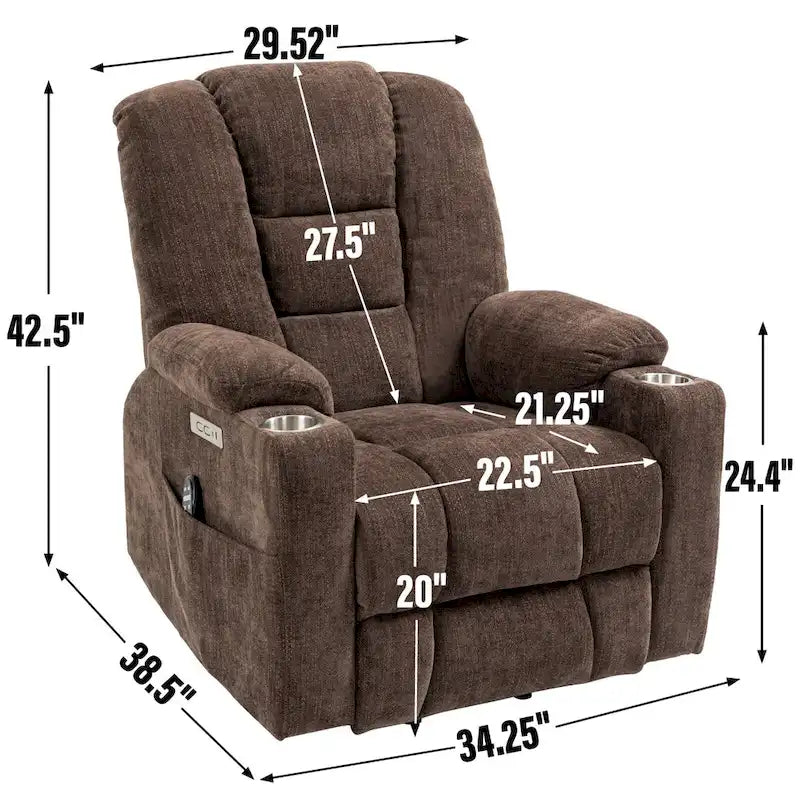 Sillón reclinable Power Lift con masaje y calor, reclinables anchos Lazy Boy extragrandes con USB, puertos tipo C y 2 portavasos de acero
