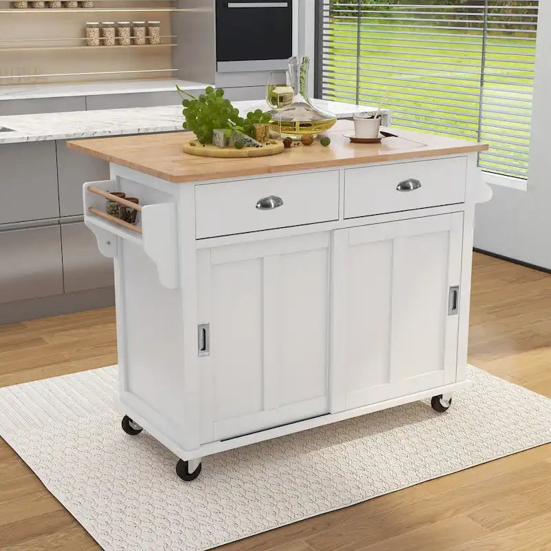 Carro de cocina con encimera de madera de caucho abatible, puerta corredera oculta de granero de altura ajustable, isla de cocina con 4 ruedas
