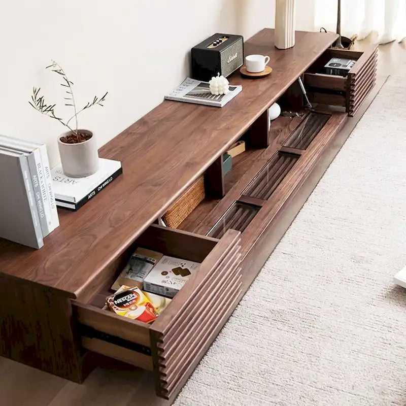Mueble de TV Minimalista con CajonesMueble de TV de Madera Maciza con Armarios, Puerta Abatible, Chapa de Nogal, Completamente Ensamblado