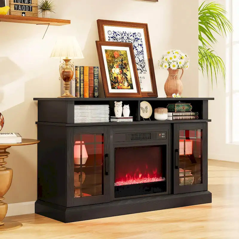 Mueble para TV con chimenea eléctrica, luces LED y mandos a distancia