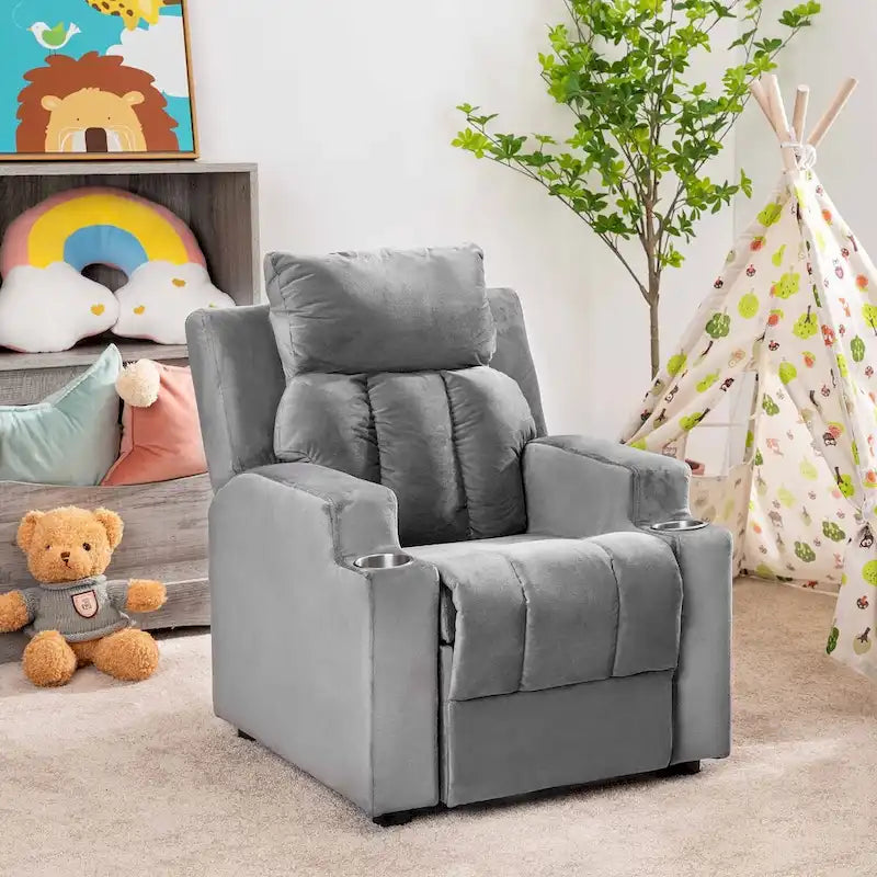Sillón Reclinable Deluxe para Niños con Reposapiés, Reposacabezas y 2 Portavasos, Reclinable Infantil de Microfibra para Mayores de 3 Años