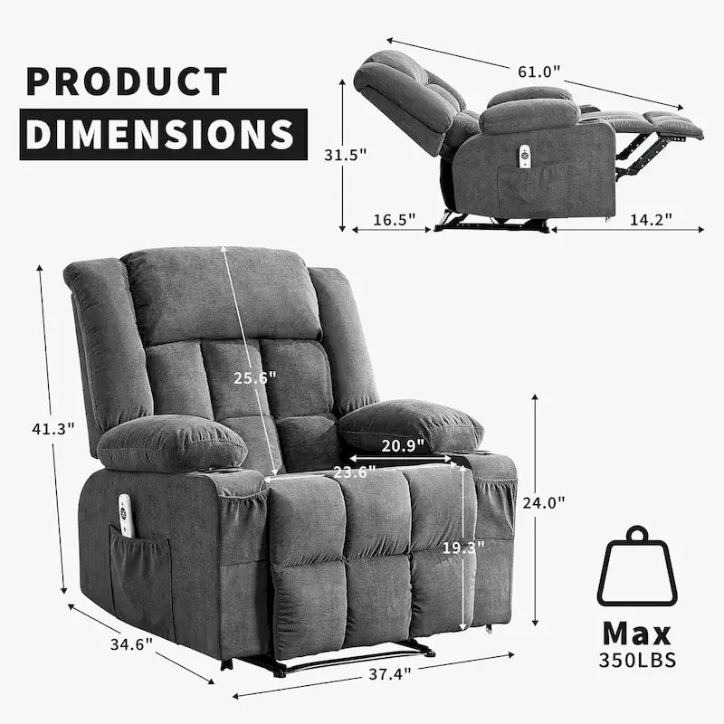 Sillón reclinable con control remoto, calor y masaje
